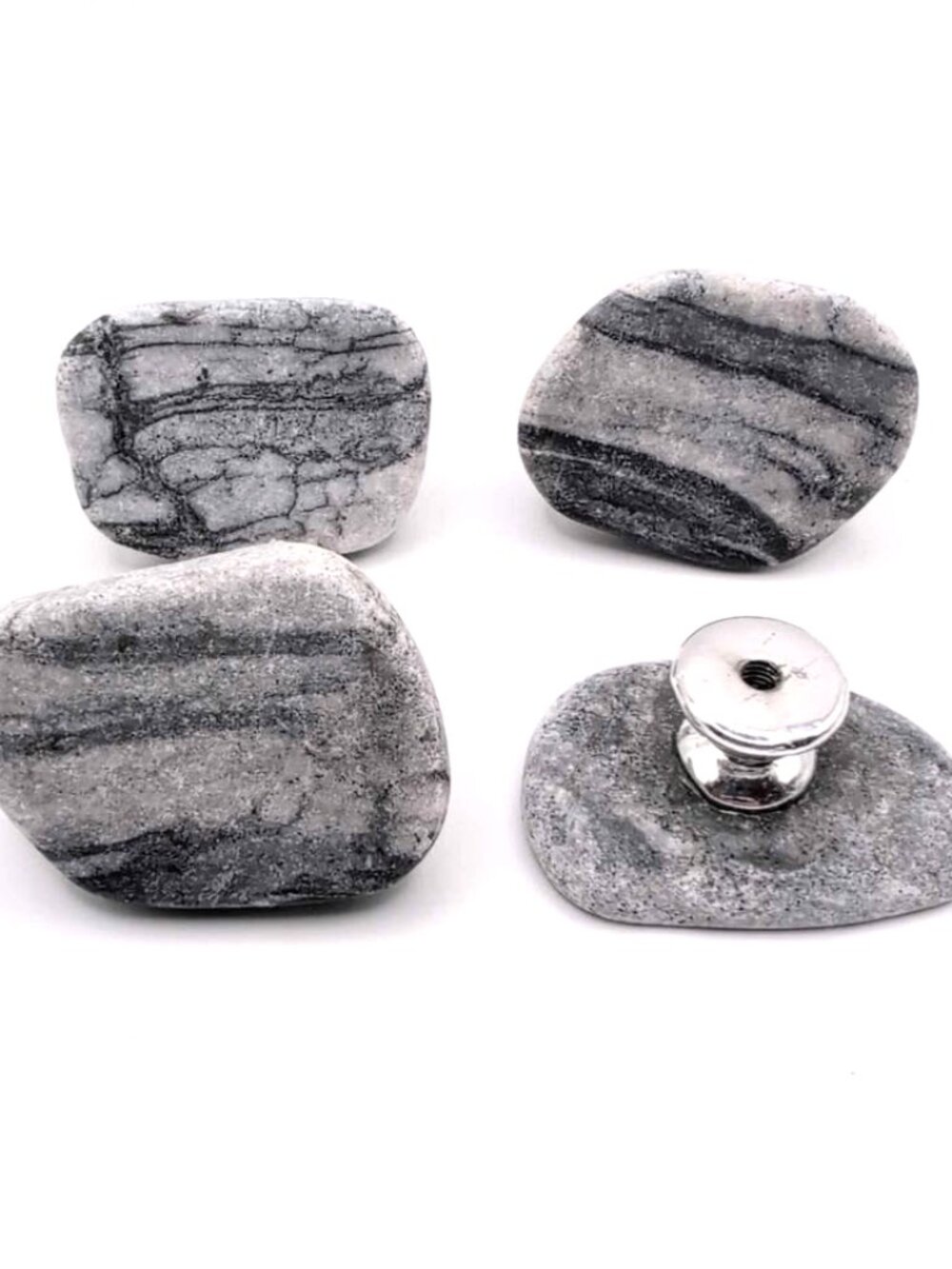 Set of 4 Natural Stone Rock Drawer Knobs New and Unused Grey/Black Bolts Incl.